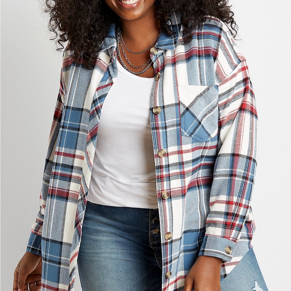Maurices White Plaid Oversized Flannel Shacket